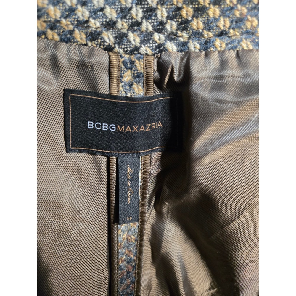 BCBGMAXAZRIA Cropped Wool Blend Plaid Jacket Brown Houndstooth Zip Button XS - Picture 6 of 8